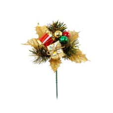 Gold Wreath Pick With Pine, Holly, Drum and Package.  (Lot of 12 Picks) SALE ITEM